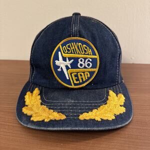 Vintage Oshkosh 1986 EAA Pilot Hat Denim Snapback Cap Gold Leaves Youngan Patch